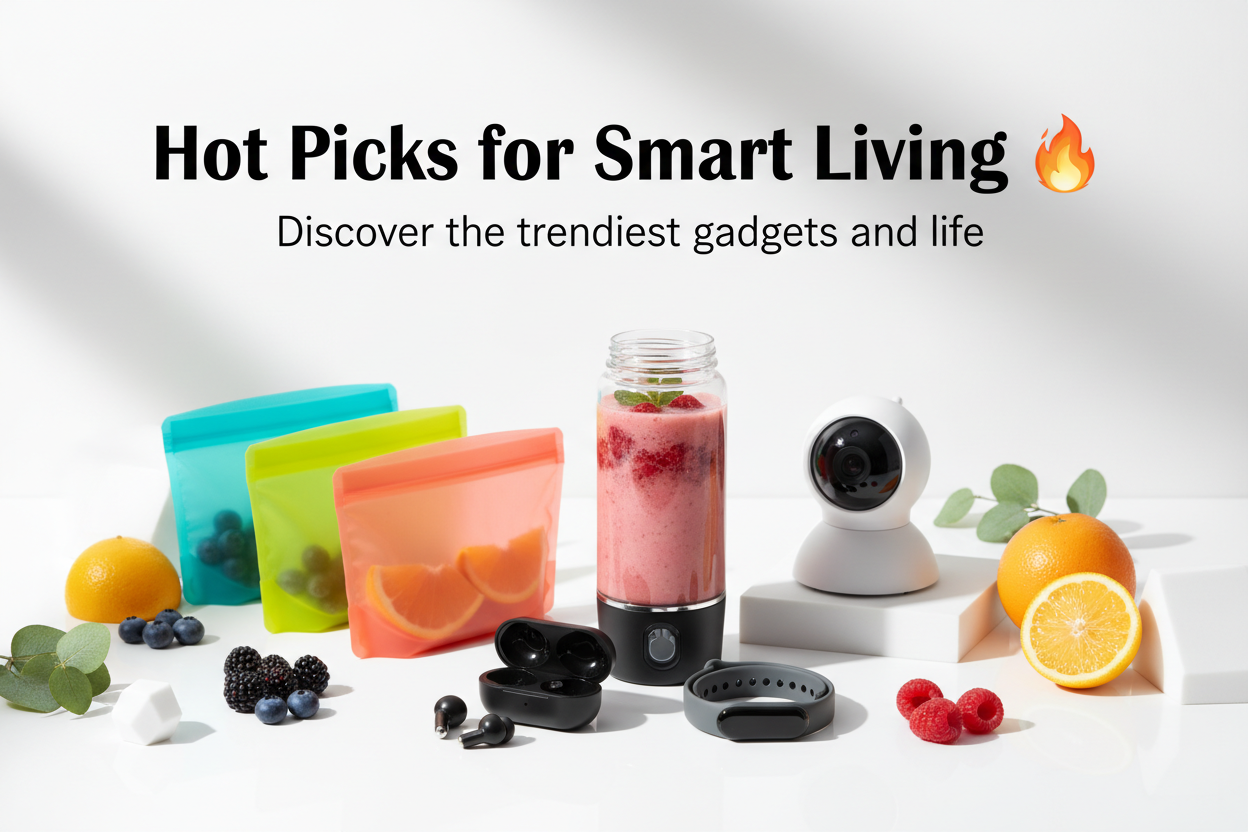 A modern e-commerce banner showing a clean white background with soft shadows. Display a mix of trending lifestyle products — a portable blender bottle filled with pink smoothie, a mini smart security camera, eco-friendly reusable silicone food bags, and a pair of wireless earbuds or fitness band. Arrange them neatly on a bright surface with colorful fruits and minimalist decorations around.
Add stylish text at the top: “Hot Picks for Smart Living 🔥”
Sub-text below: “Discover the trendiest gadgets and life